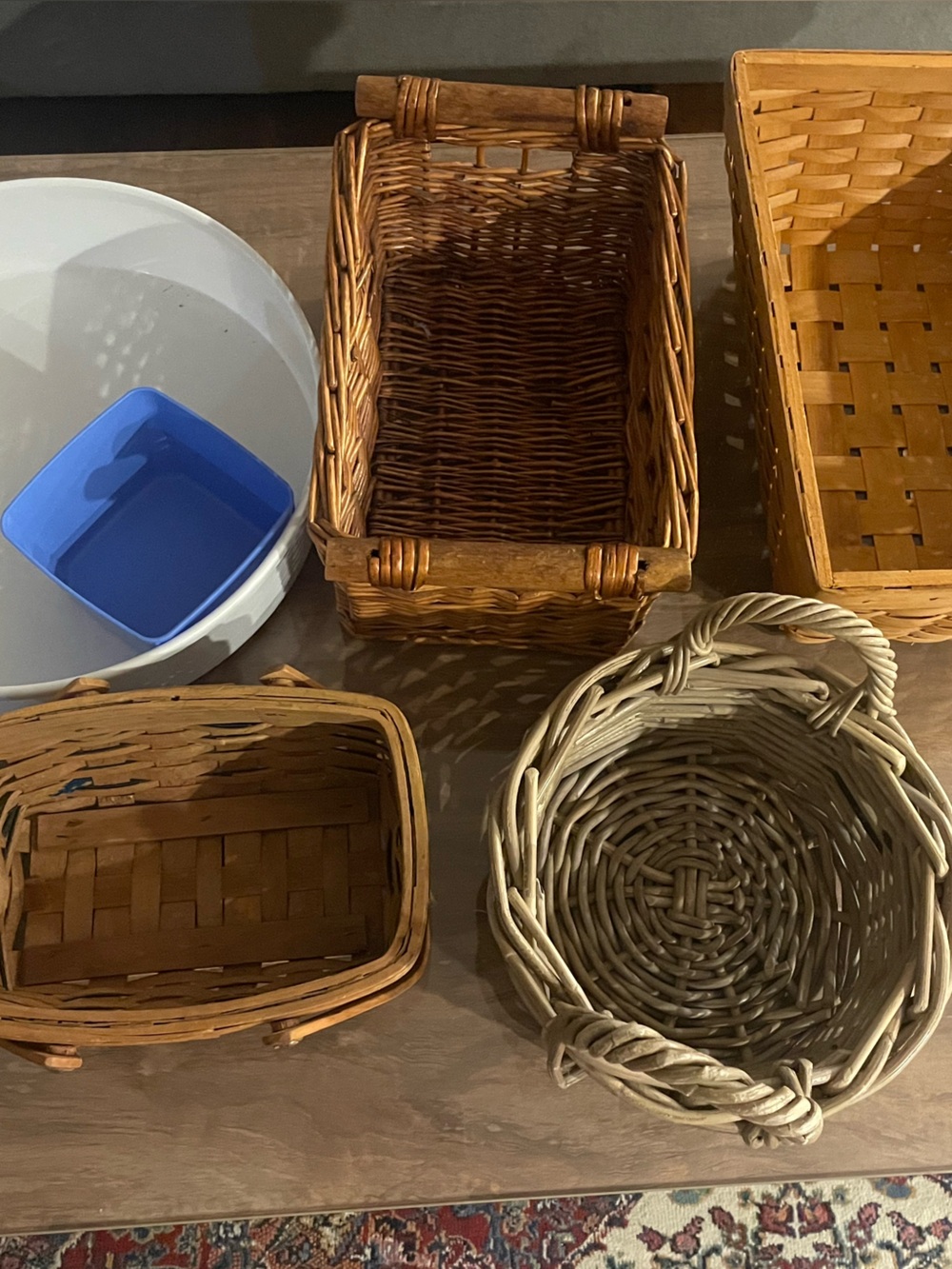 4 wicker baskets and 2 plastic bins